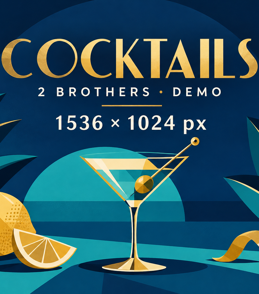 Illustrated demo artwork: cocktails. Replace with your own photograph.