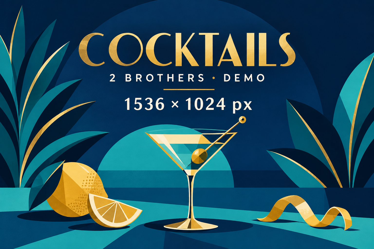 Illustrated demo artwork: cocktails. Replace with your own photograph.