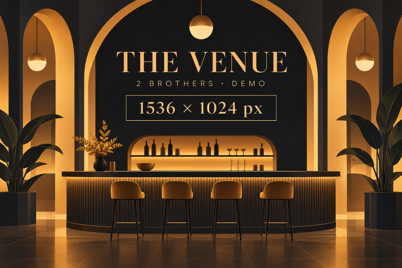 Illustrated demo artwork: venue. Replace with your own photograph.